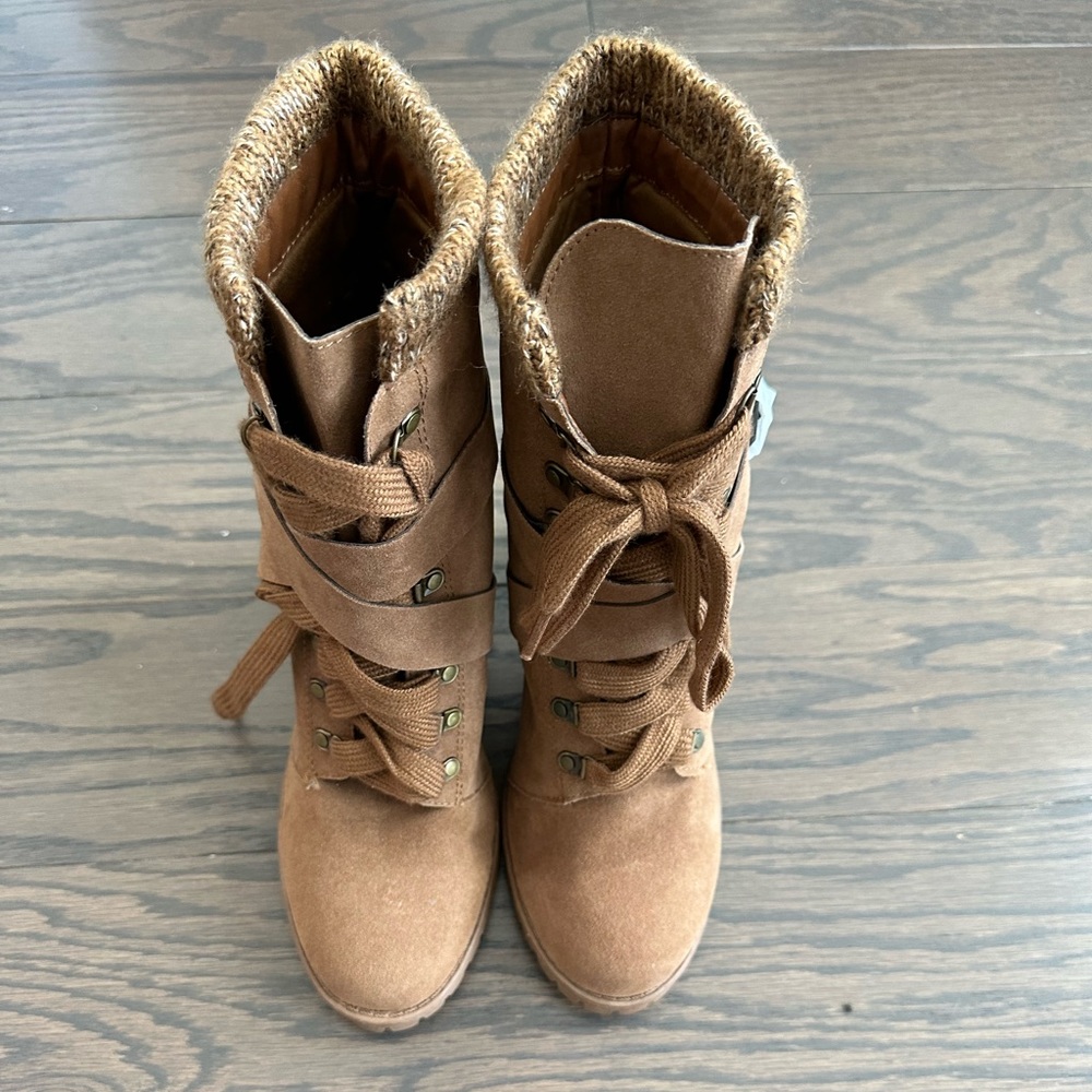 New Lace Up Brown Boots with Buckle and Heel and Sock Ankle feature